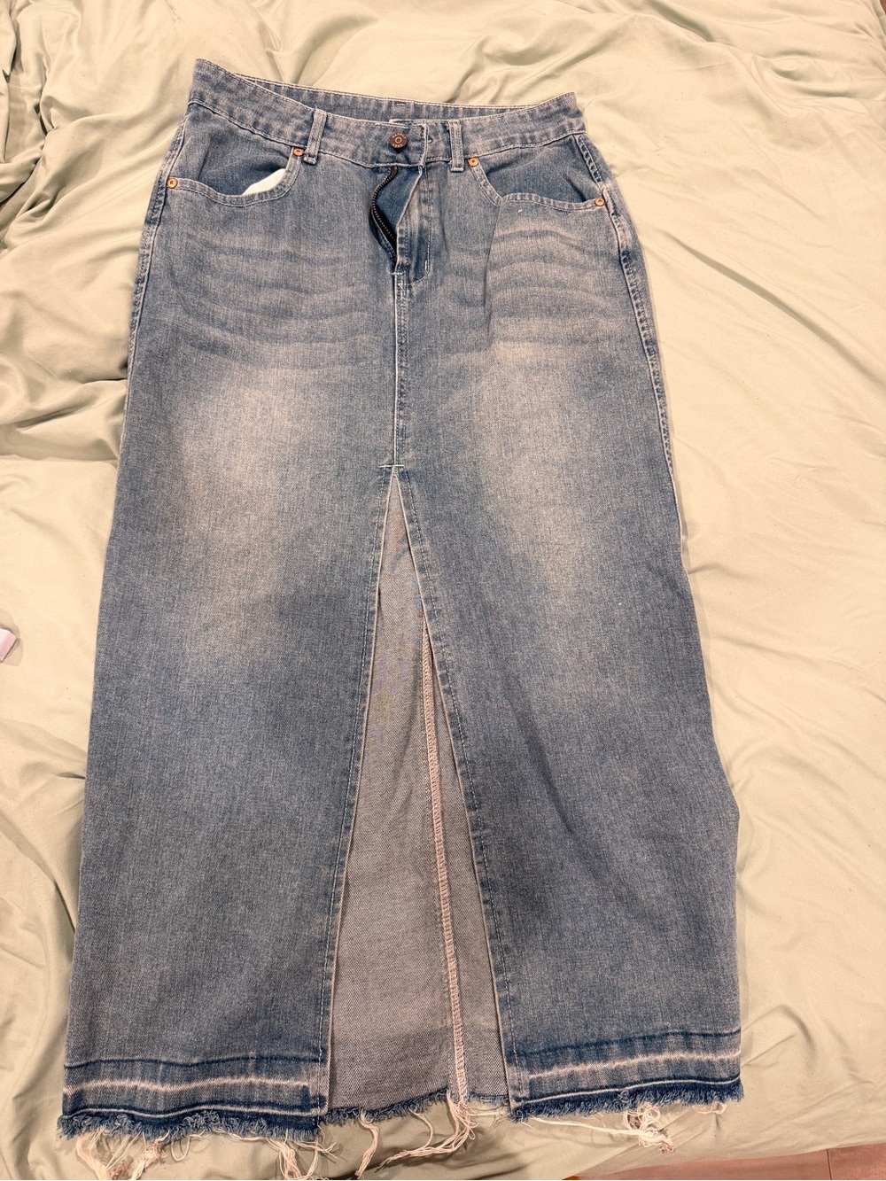 Blue Denim Midi Skirt with Front Slit